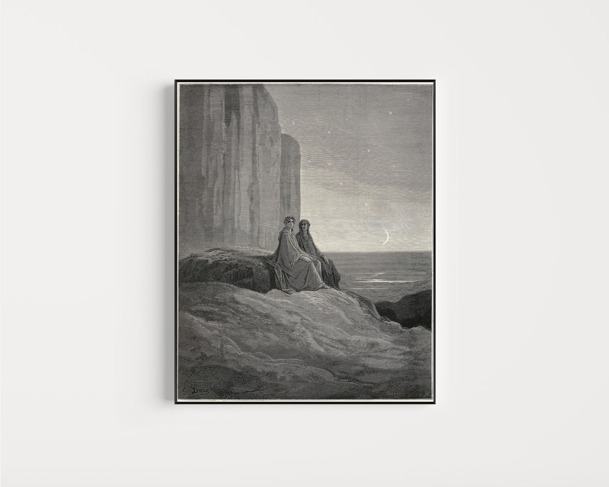 Framed art print of Purgatorio, Canto IX: Dawn over the Eastern Cliff by Gustave Doré, in a slim black frame on a plain white wall