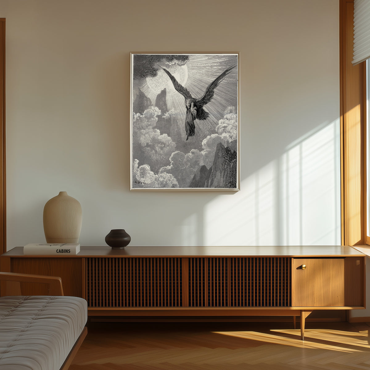 Framed art print of Purgatorio, Canto IX: The Dream of the Eagle by Gustave Doré, in a thin light frame on a sunlit wall above a wooden sideboard