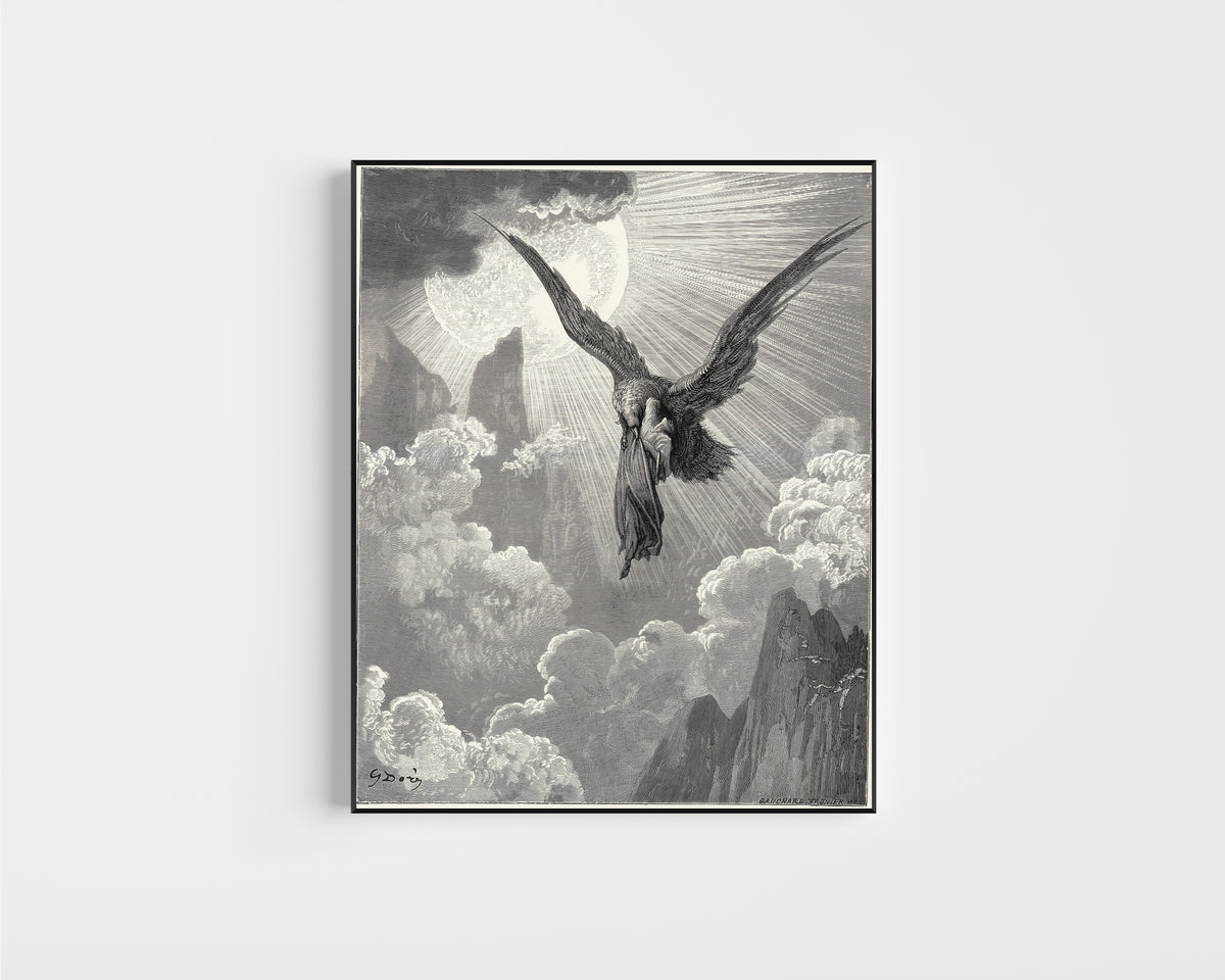 Framed art print of Purgatorio, Canto IX: The Dream of the Eagle by Gustave Doré, in a slim black frame on a plain white wall