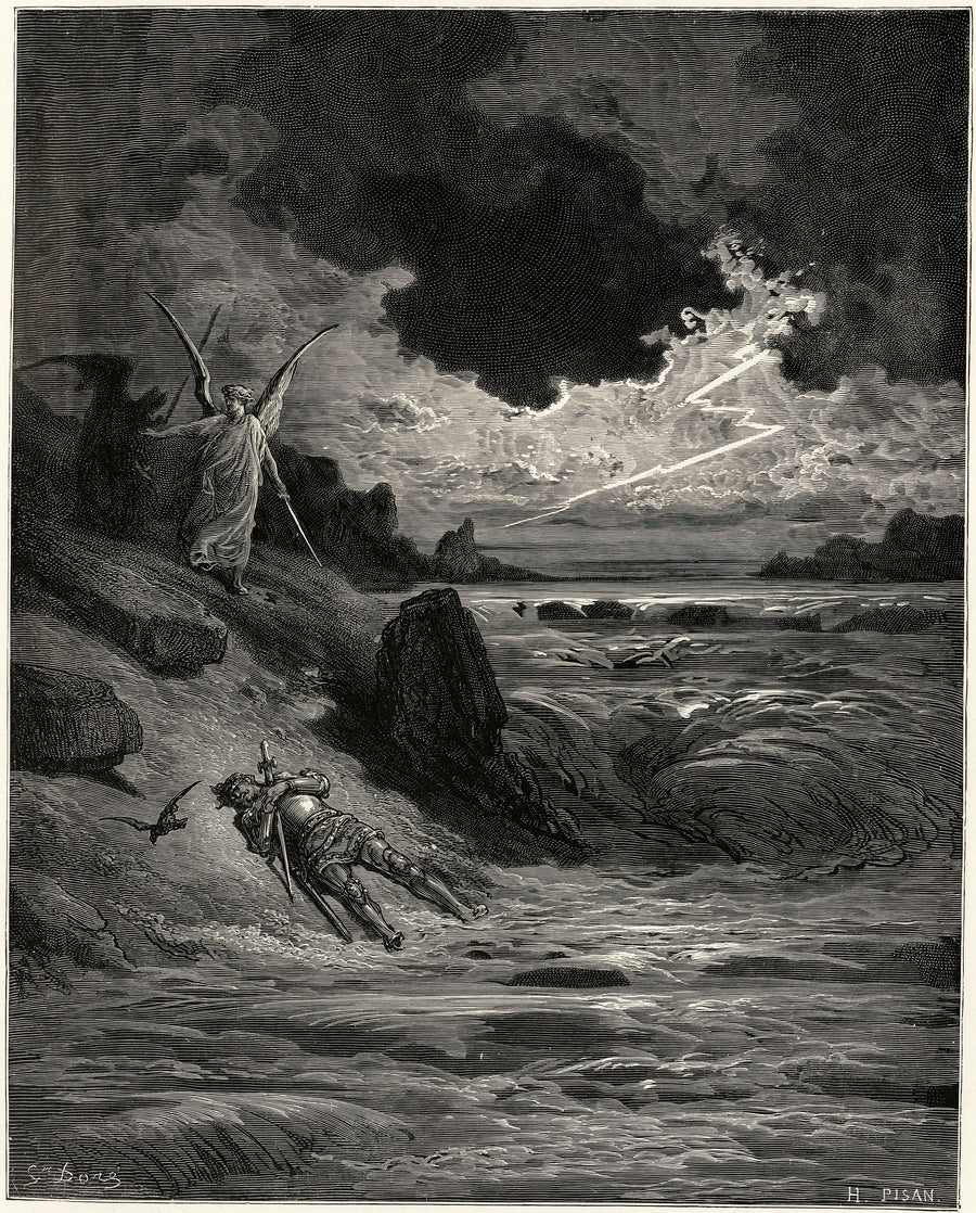 Gustave Doré — Purgatorio, Canto V: Buonconte's Last Prayer | Dante Illustration Print shown to scale on a wall above a sofa