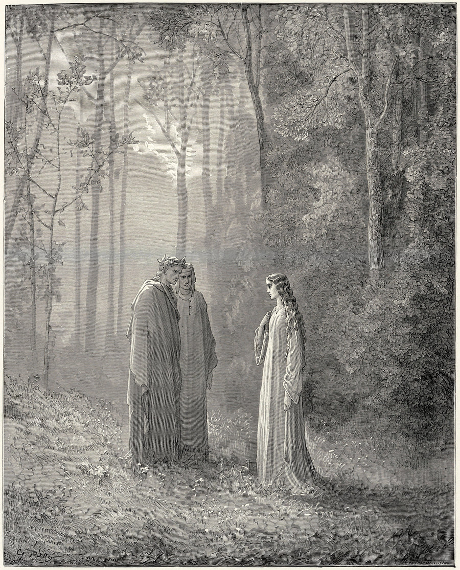 Gustave Doré — Purgatorio, Canto V: I Once Was Pia | Dante Illustration Print shown to scale on a wall above a sofa