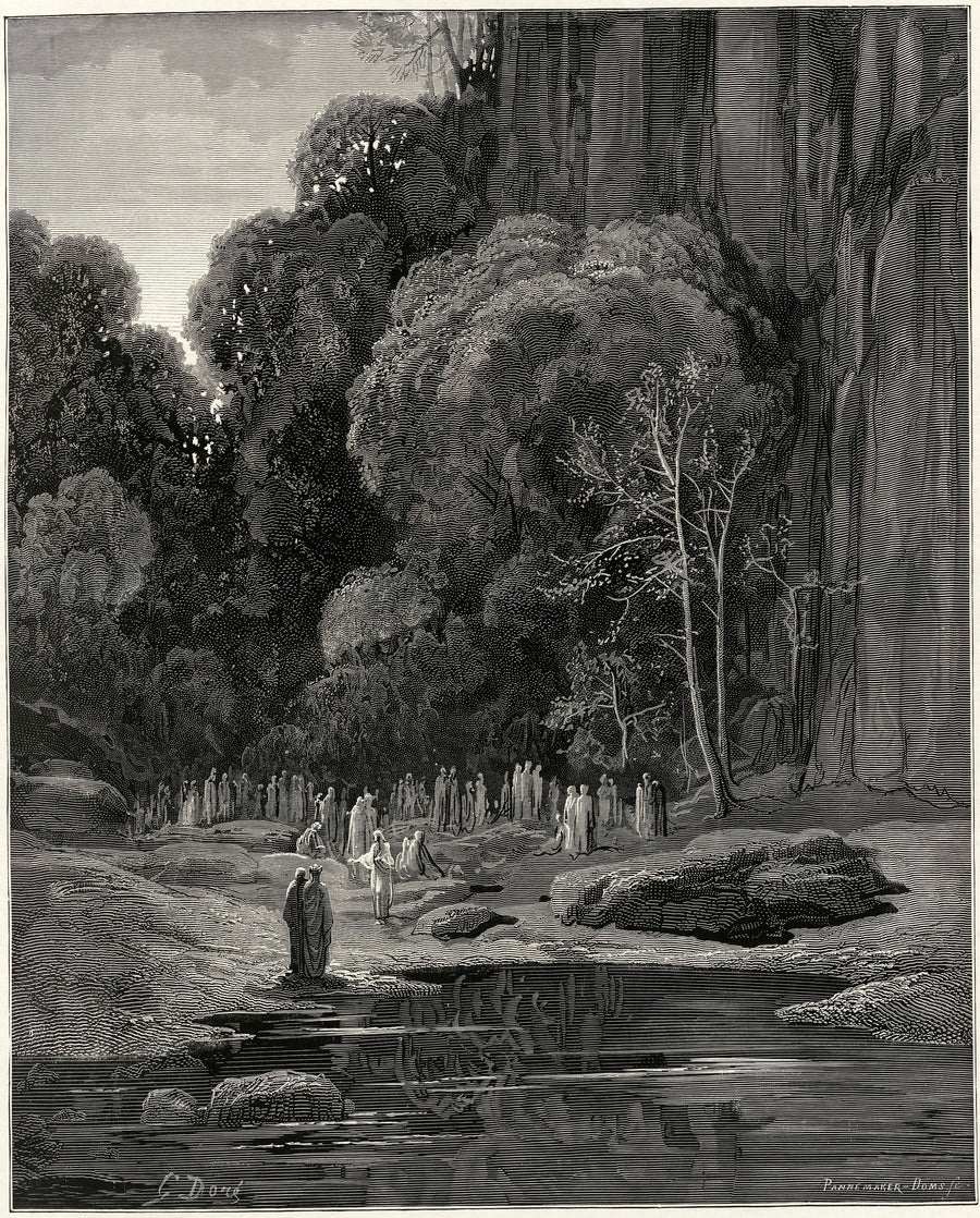 Gustave Doré — Purgatorio, Canto V: The Souls Who Throng Around Us | Dante Illustration Print shown to scale on a wall above a sofa