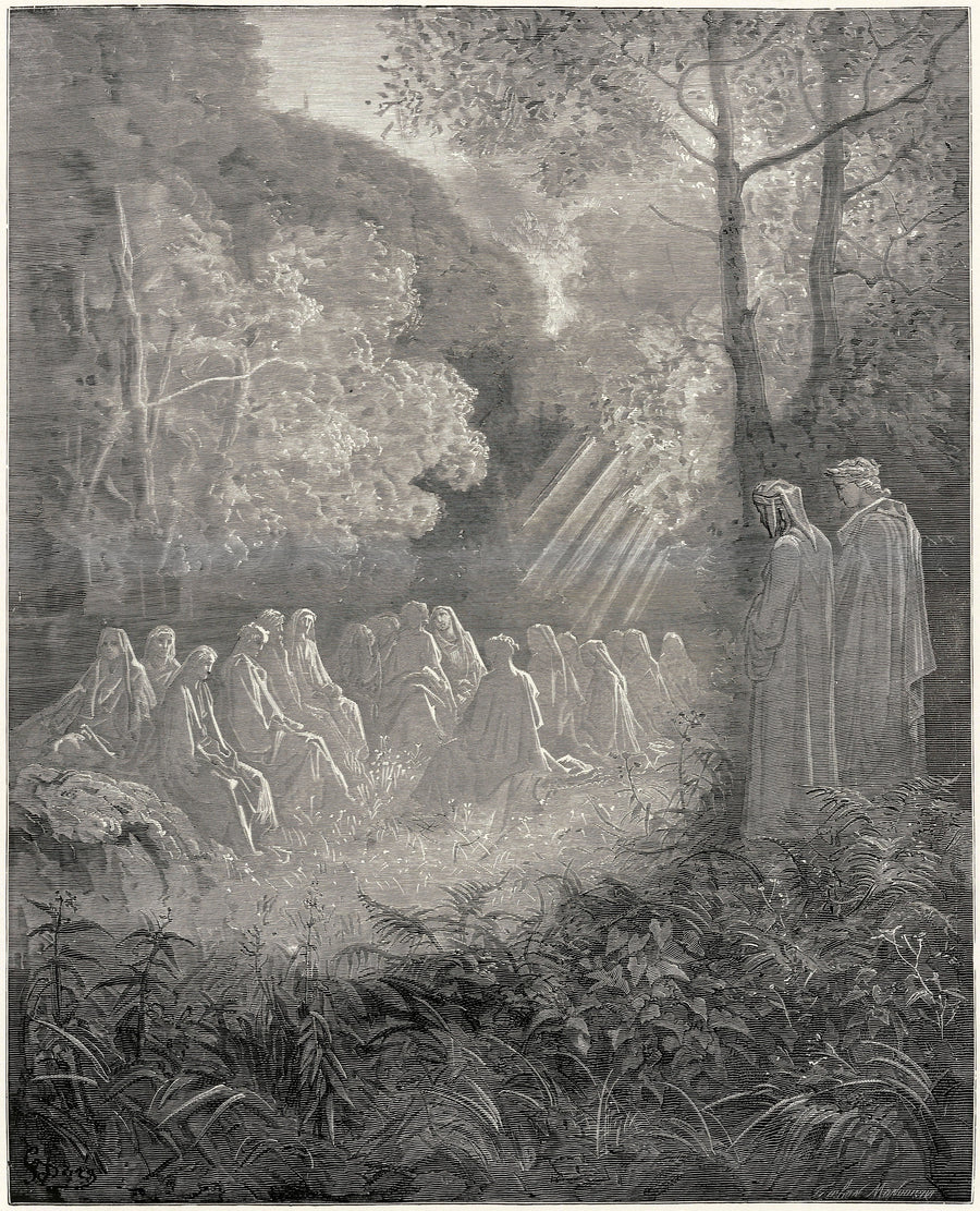 Gustave Doré — Purgatorio, Canto VII: Salve Regina in the Valley | Dante Illustration Print shown to scale on a wall above a sofa