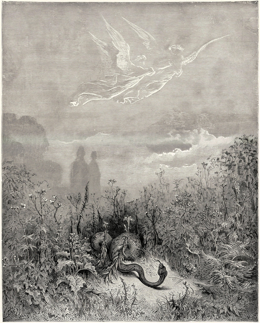 Gustave Doré — Purgatorio, Canto VIII: The Serpent Fled | Dante Illustration Print shown to scale on a wall above a sofa