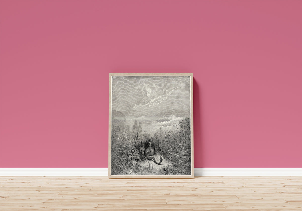 Framed art print of Purgatorio, Canto VIII: The Serpent Fled by Gustave Doré, in a light wood frame leaning on a pink wall above a wooden floor