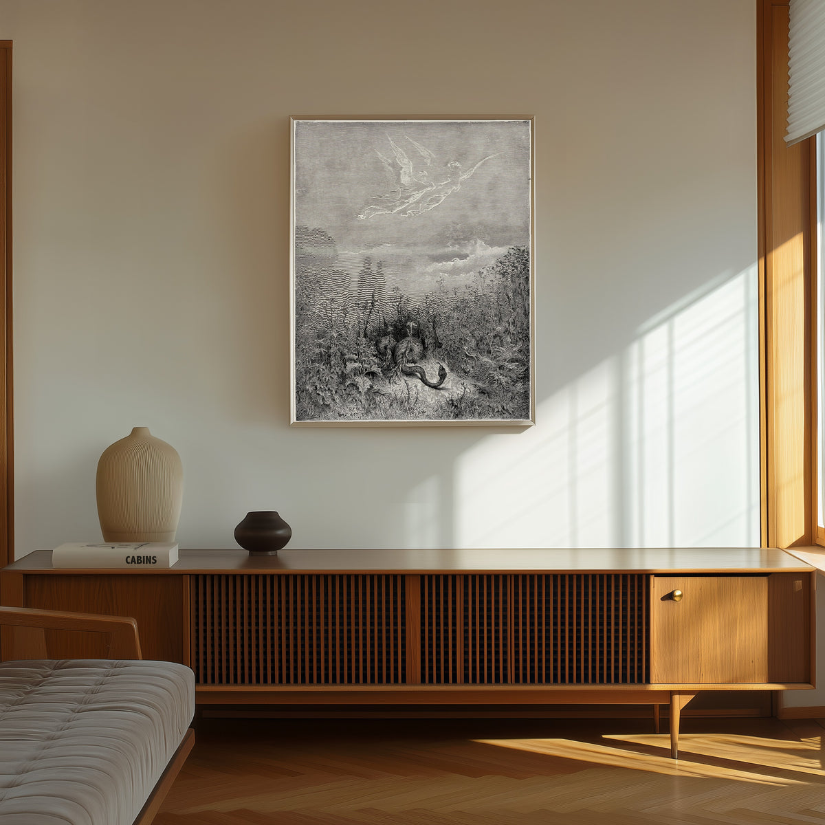 Framed art print of Purgatorio, Canto VIII: The Serpent Fled by Gustave Doré, in a thin light frame on a sunlit wall above a wooden sideboard