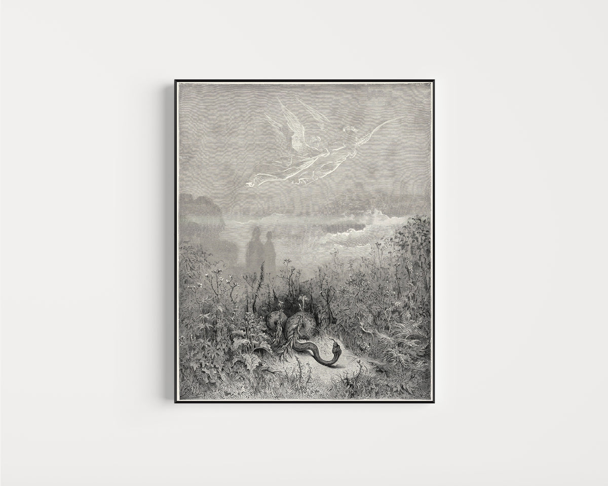 Framed art print of Purgatorio, Canto VIII: The Serpent Fled by Gustave Doré, in a slim black frame on a plain white wall
