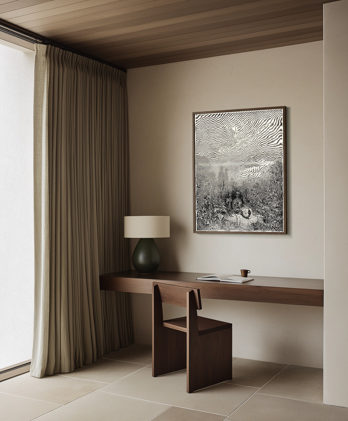 Framed art print of Purgatorio, Canto VIII: The Serpent Fled by Gustave Doré, in a dark wood frame on a plaster wall above a walnut desk