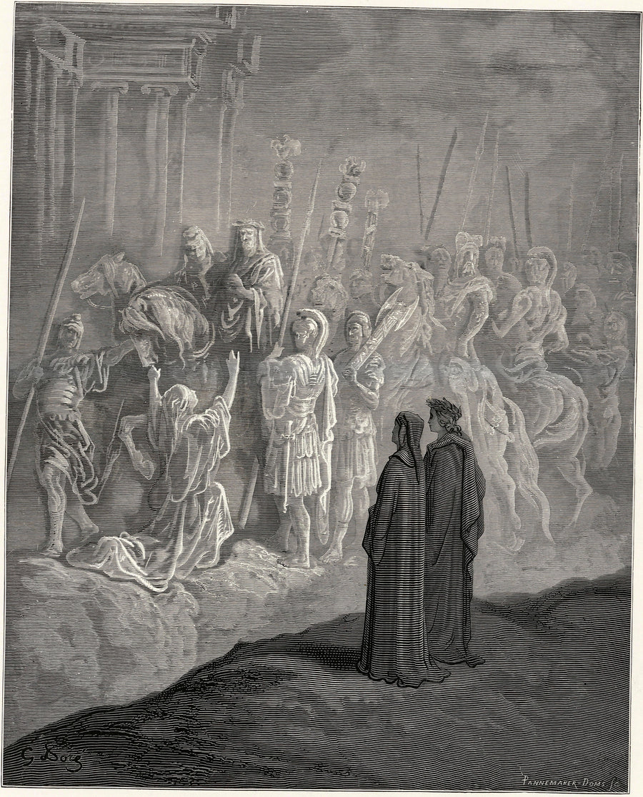 Gustave Doré — Purgatorio, Canto X: Trajan and the Widow | Dante Illustration Print shown to scale on a wall above a sofa