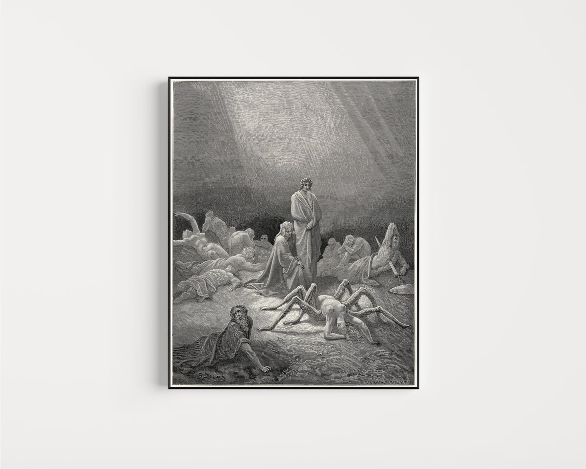 Framed art print of Purgatorio, Canto XII: Arachne, Half Spider Now by Gustave Doré, in a slim black frame on a plain white wall