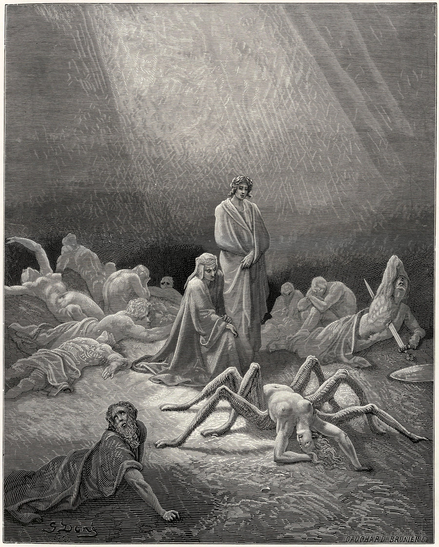 Gustave Doré — Purgatorio, Canto XII: Arachne, Half Spider Now | Dante Illustration Print shown to scale on a wall above a sofa
