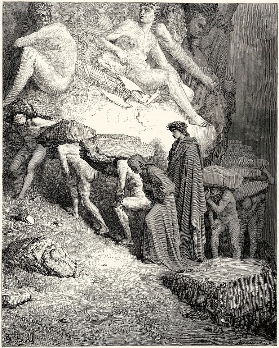 Gustave Doré — Purgatorio, Canto XII: Oxen in the Yoke | Dante Illustration Print shown to scale on a wall above a sofa