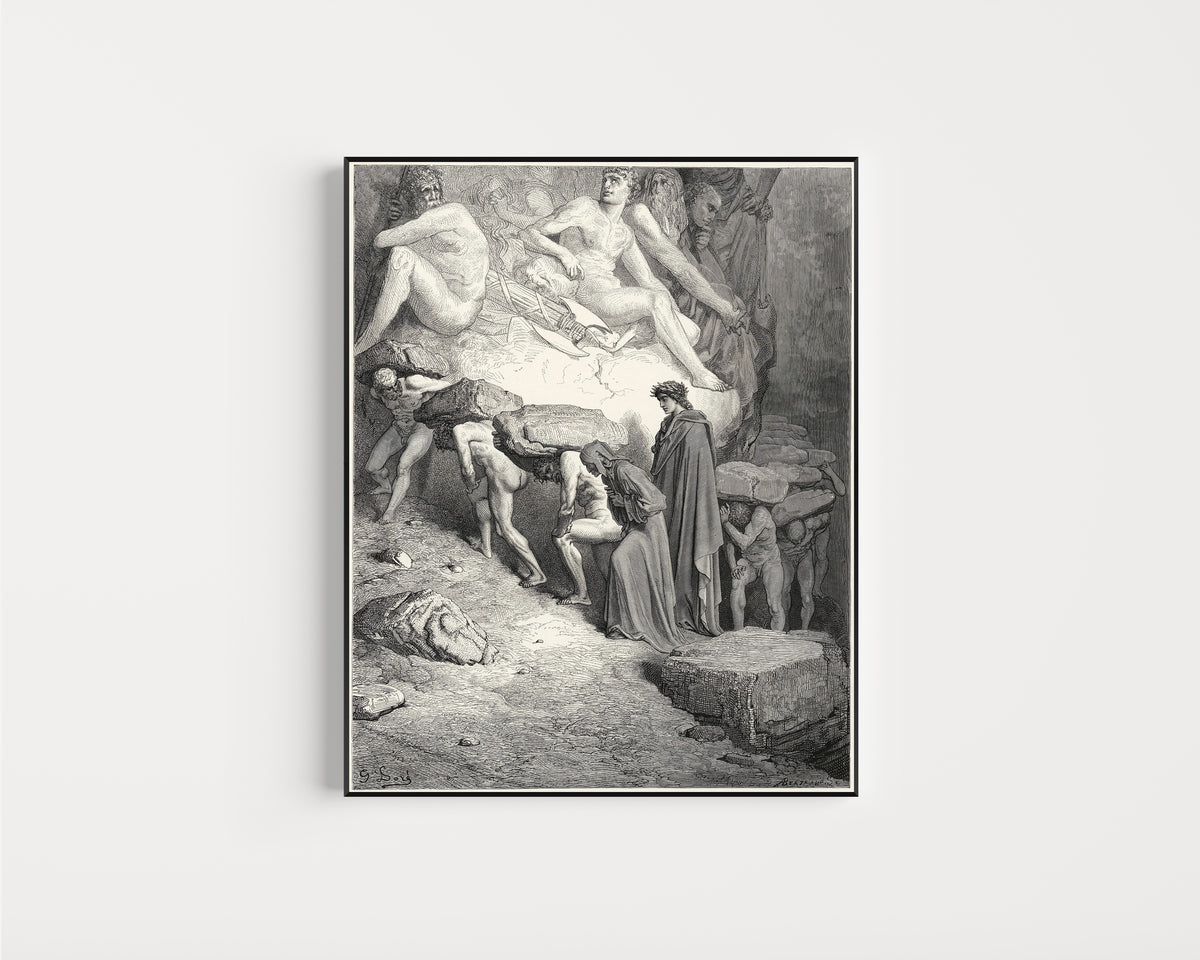 Framed art print of Purgatorio, Canto XII: Oxen in the Yoke by Gustave Doré, in a slim black frame on a plain white wall