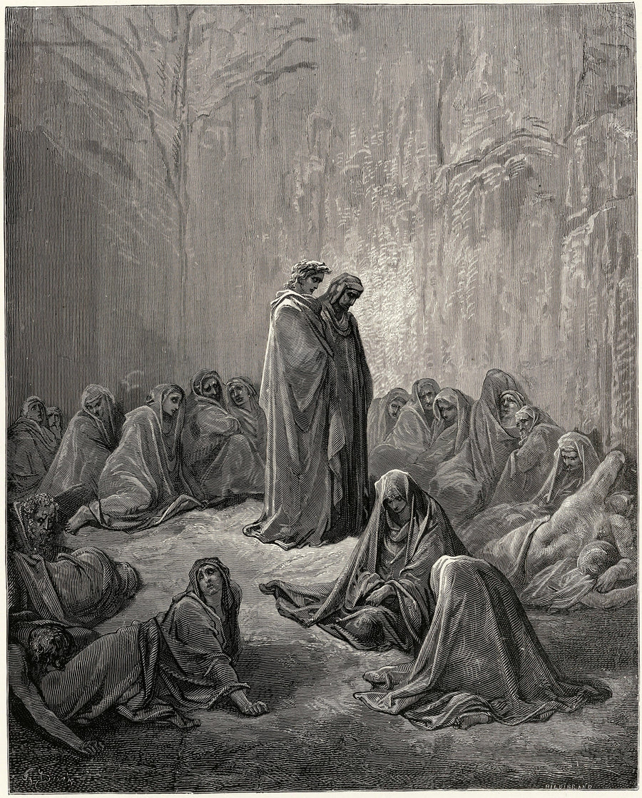 Gustave Doré — Purgatorio, Canto XIII: The Envious with Sewn Eyes | Dante Illustration Print shown to scale on a wall above a sofa