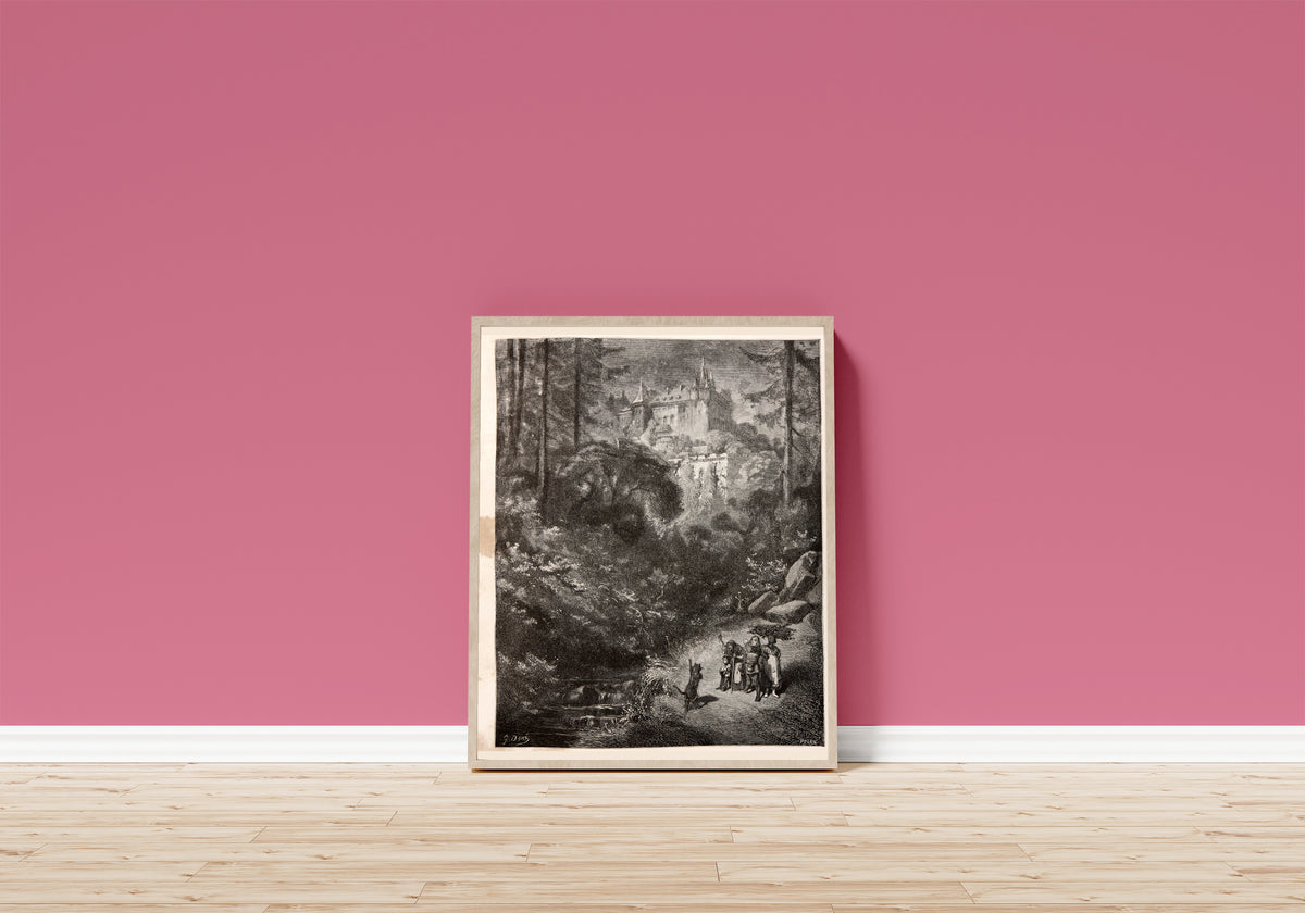 Framed art print of Puss in Boots: The Cat Runs Ahead to the Castle by Gustave Doré, in a light wood frame leaning on a pink wall above a wooden floor