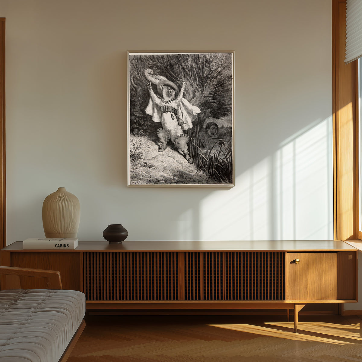 Framed art print of Puss in Boots: The Marquis of Carabas Is Drowning by Gustave Doré, in a thin light frame on a sunlit wall above a wooden sideboard