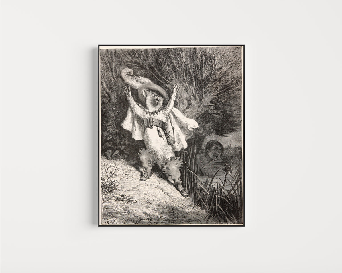 Framed art print of Puss in Boots: The Marquis of Carabas Is Drowning by Gustave Doré, in a slim black frame on a plain white wall