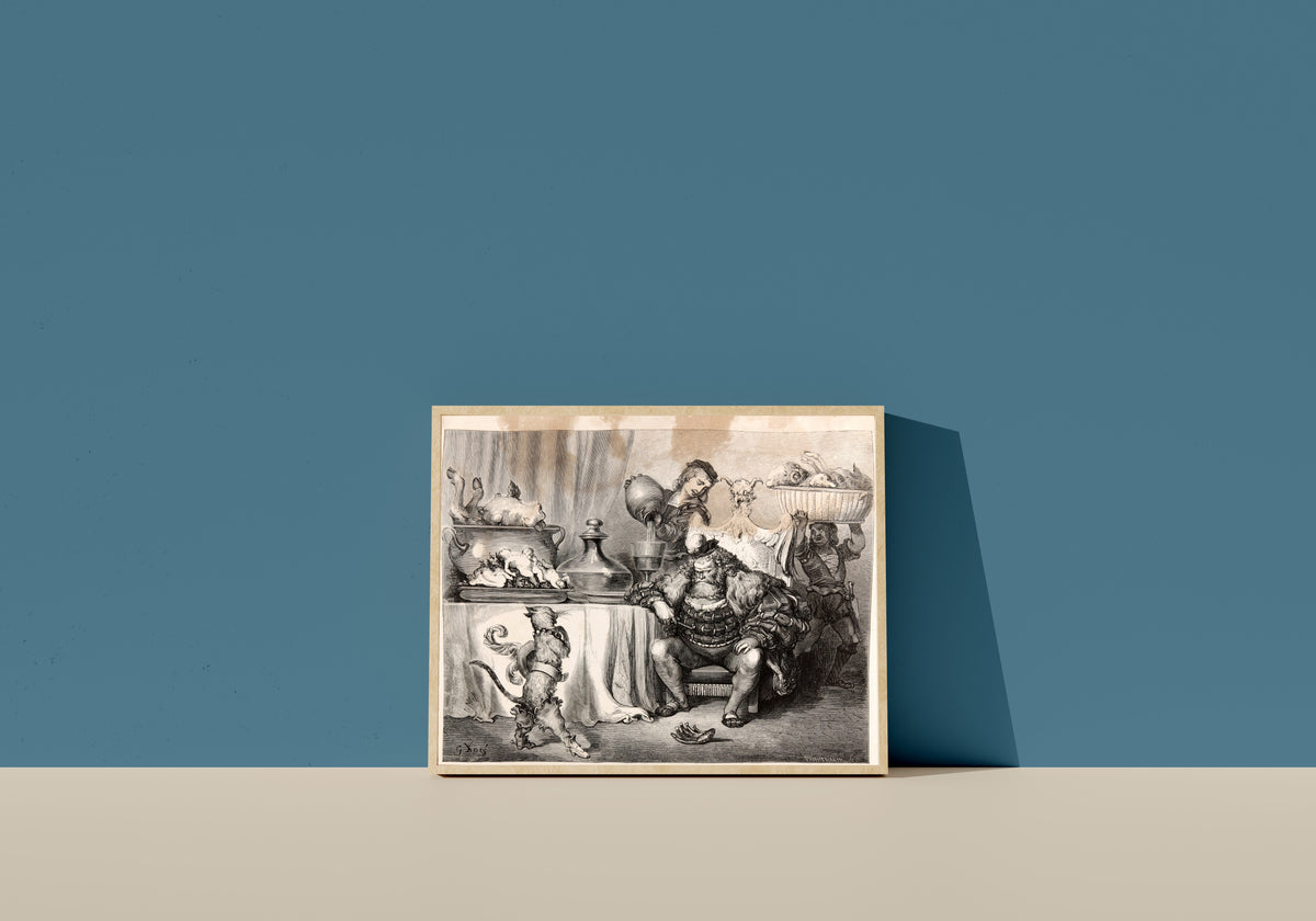 Framed art print of Puss in Boots: The Ogre's Feast by Gustave Doré, in a light wood frame leaning on a blue wall