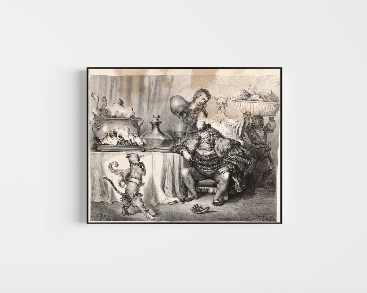 Framed art print of Puss in Boots: The Ogre's Feast by Gustave Doré, in a slim black frame on a plain white wall