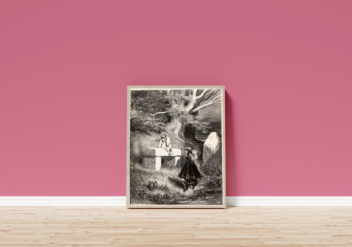 Framed art print of Riquet with the Tuft: The Princess Meets Riquet by Gustave Doré, in a light wood frame leaning on a pink wall above a wooden floor