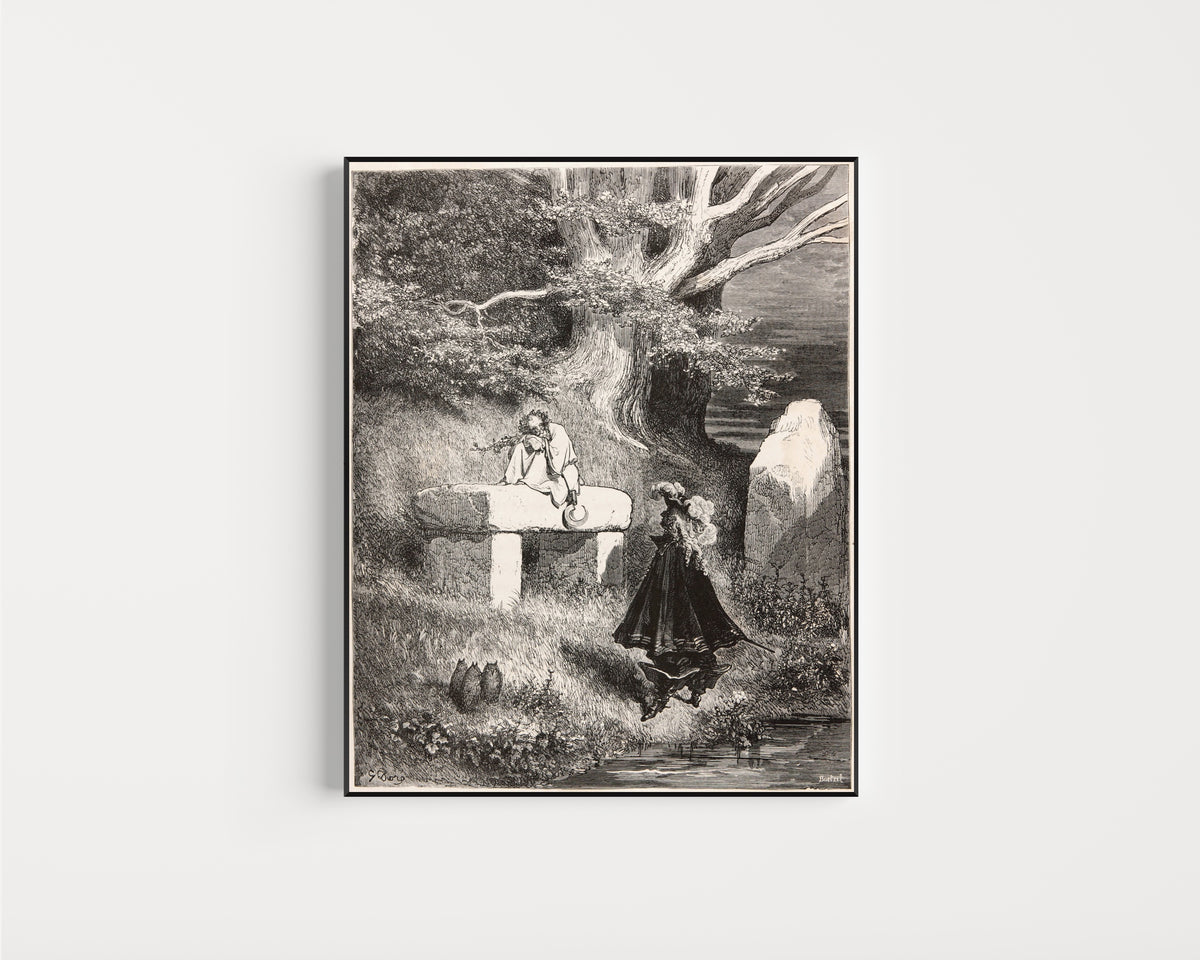 Framed art print of Riquet with the Tuft: The Princess Meets Riquet by Gustave Doré, in a slim black frame on a plain white wall
