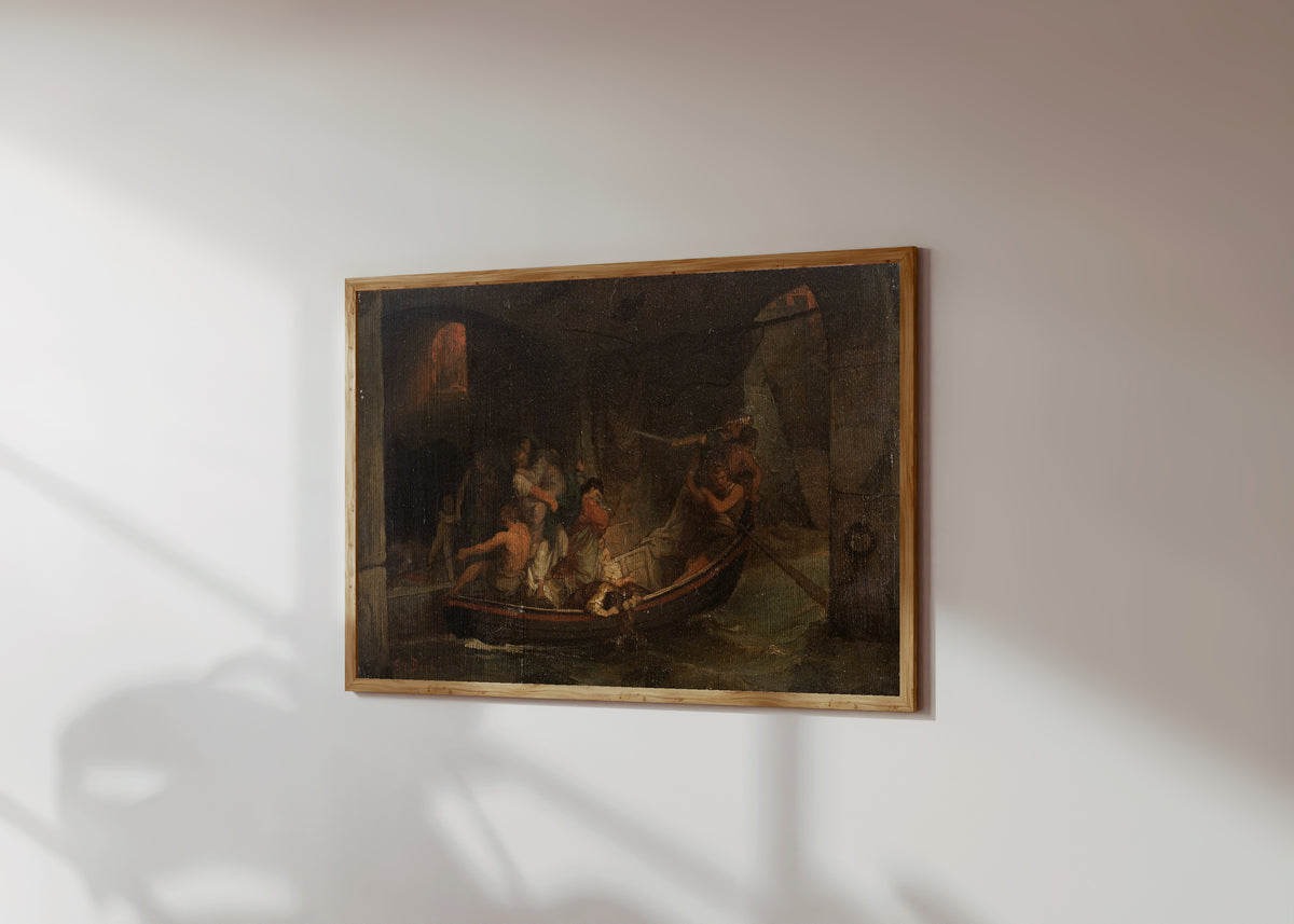 Framed art print of Rome in Flames by Gustave Doré, in a light wood frame on a sunlit white wall, seen at a slight angle