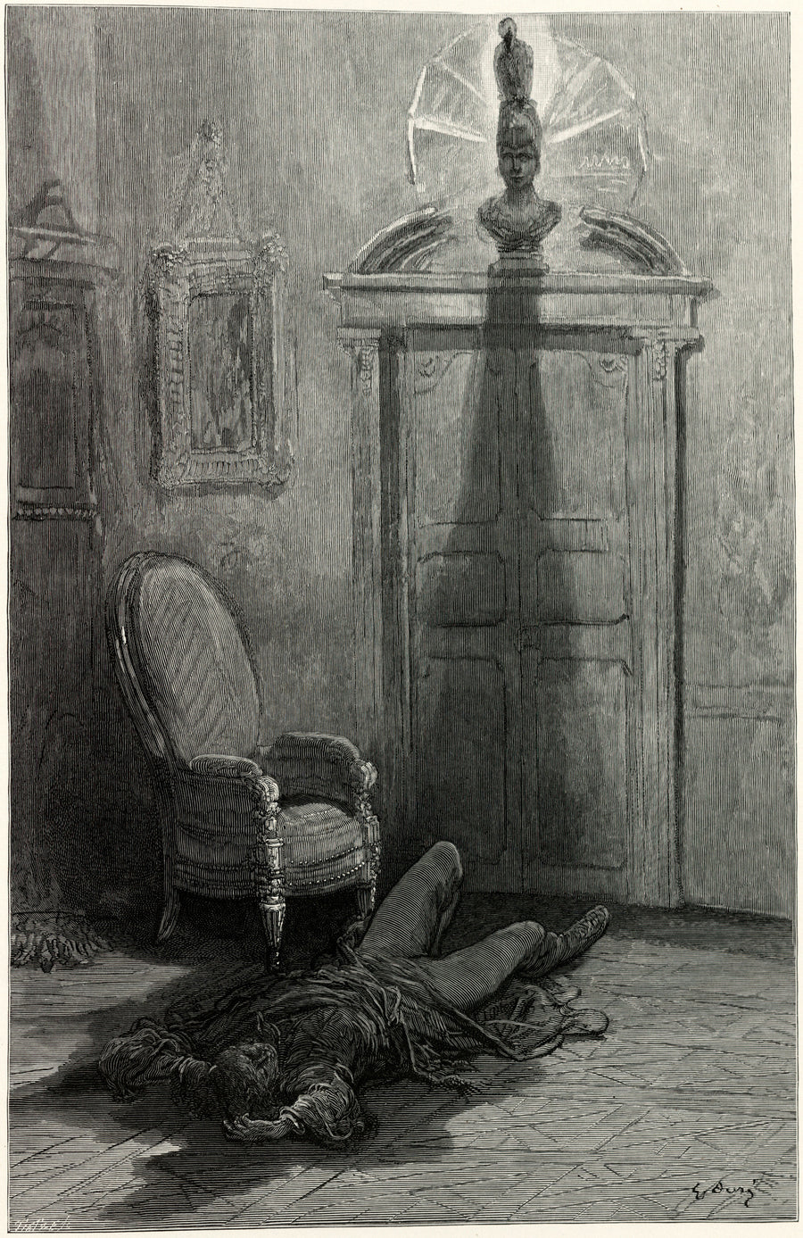 Gustave Doré — Shall be lifted — nevermore! | Gothic Illustration Print shown to scale on a wall above a sofa