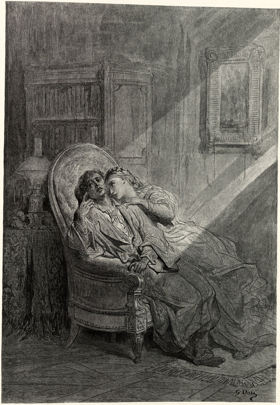 Gustave Doré — She shall press, ah, nevermore! | Gothic Illustration Print shown to scale on a wall above a sofa