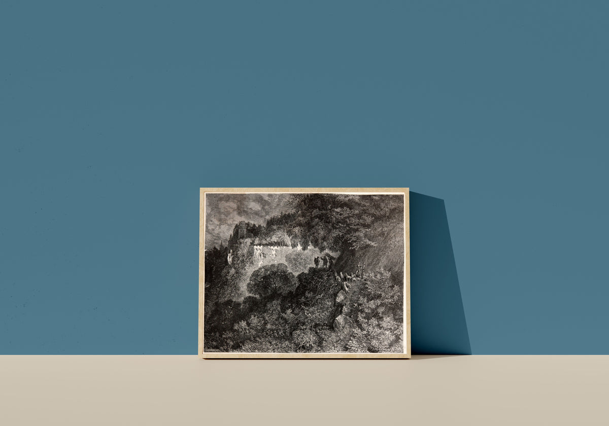 Framed art print of Sleeping Beauty: The Enchanted Castle by Gustave Doré, in a light wood frame leaning on a blue wall