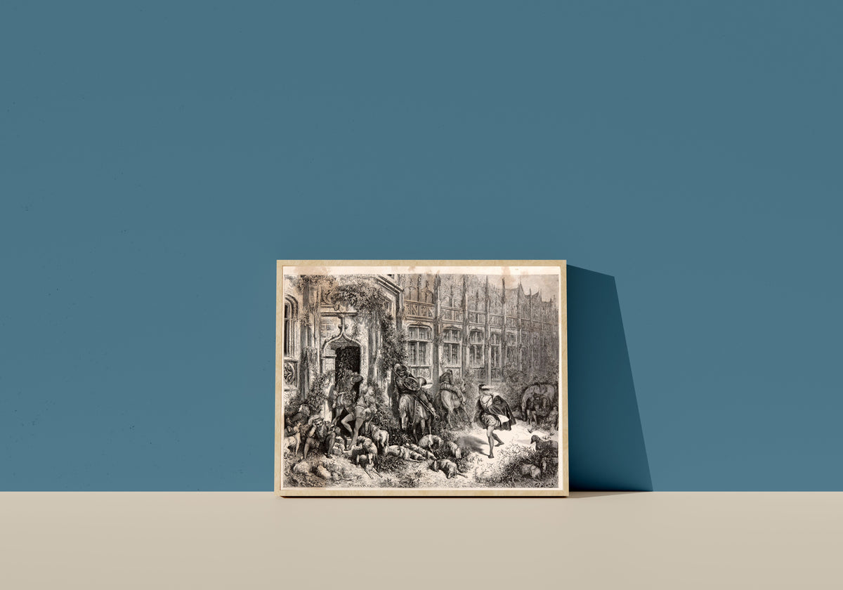 Framed art print of Sleeping Beauty: The Prince Arrives at the Castle by Gustave Doré, in a light wood frame leaning on a blue wall
