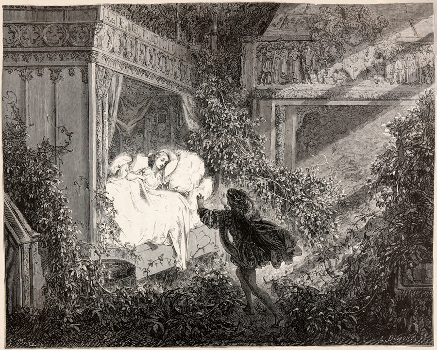 Gustave Doré — Sleeping Beauty: The Prince Finds the Princess | Fairy Tale Illustration Print shown to scale on a wall above a sofa