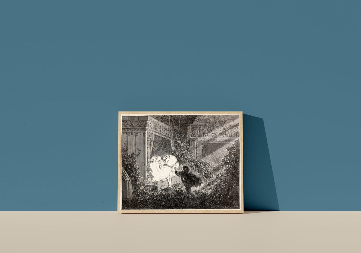 Framed art print of Sleeping Beauty: The Prince Finds the Princess by Gustave Doré, in a light wood frame leaning on a blue wall