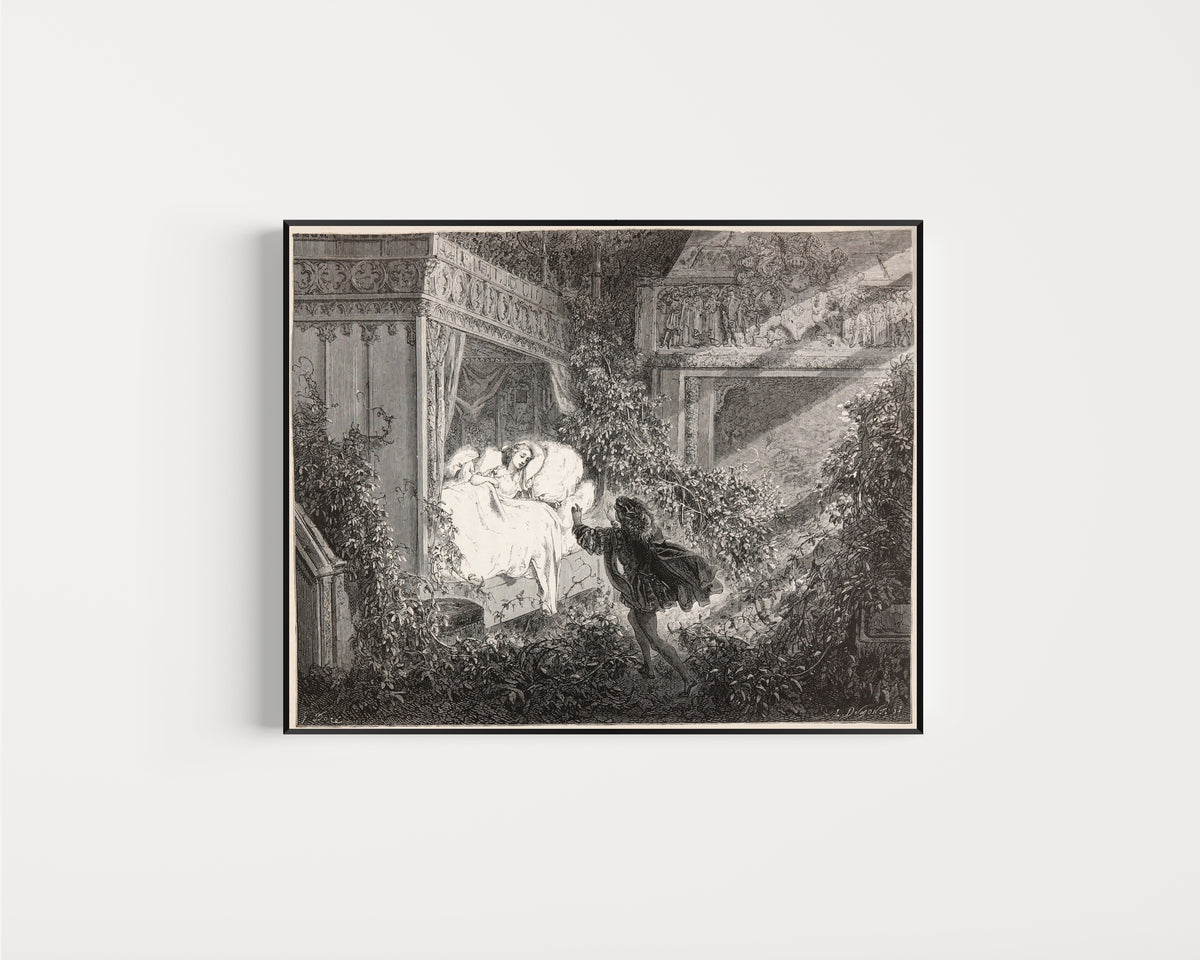 Framed art print of Sleeping Beauty: The Prince Finds the Princess by Gustave Doré, in a slim black frame on a plain white wall
