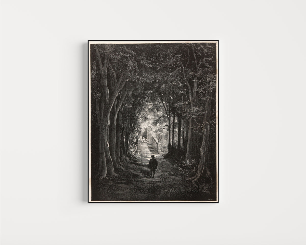 Framed art print of Sleeping Beauty: The Prince in the Forest Avenue by Gustave Doré, in a slim black frame on a plain white wall