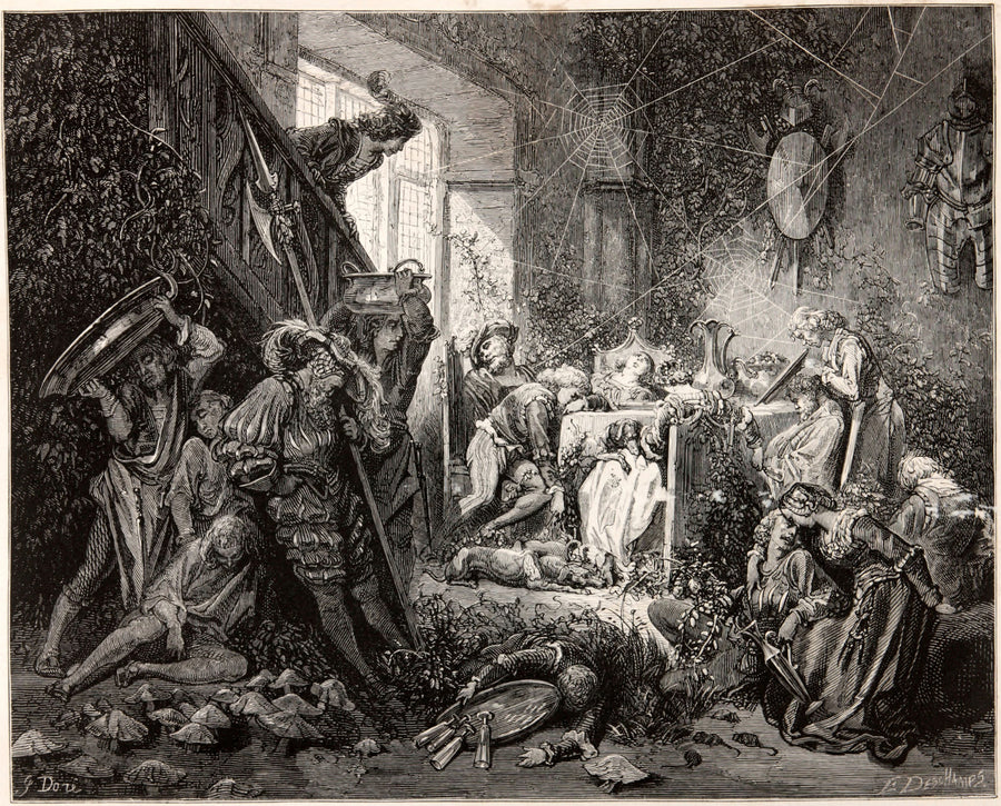 Gustave Doré — Sleeping Beauty: The Sleeping Court | Fairy Tale Illustration Print shown to scale on a wall above a sofa