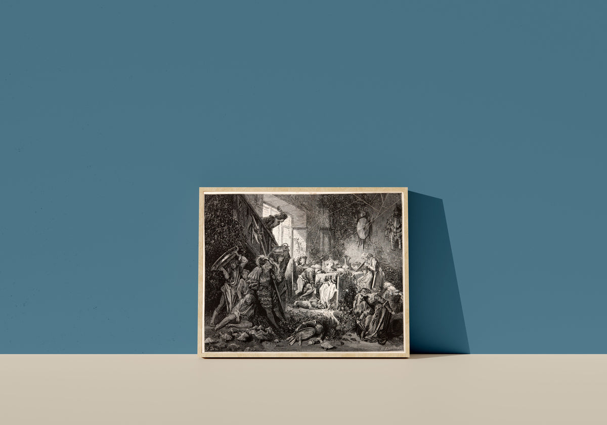 Framed art print of Sleeping Beauty: The Sleeping Court by Gustave Doré, in a light wood frame leaning on a blue wall