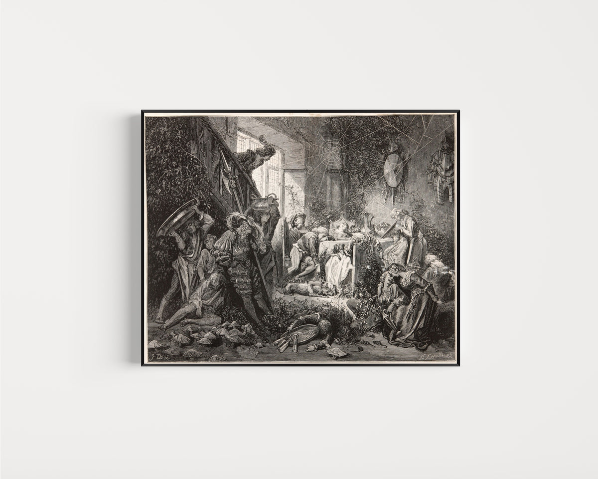 Framed art print of Sleeping Beauty: The Sleeping Court by Gustave Doré, in a slim black frame on a plain white wall