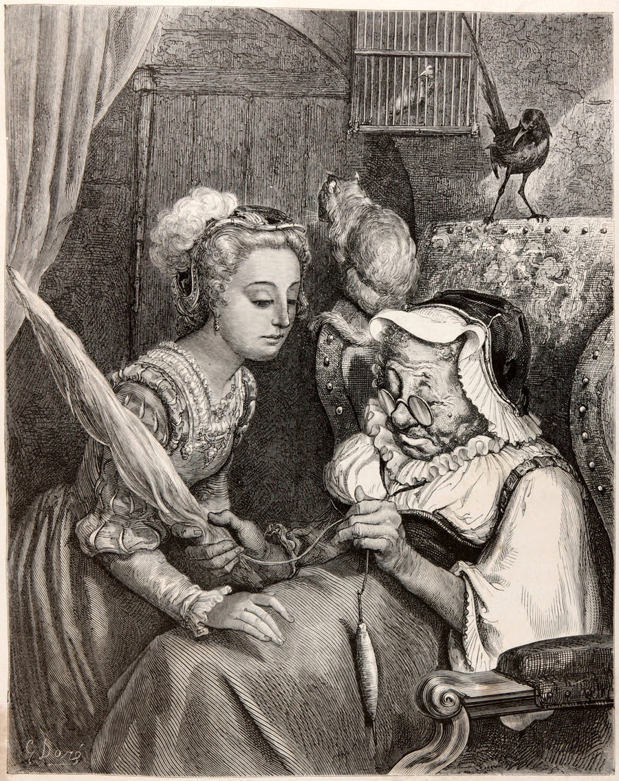 Gustave Doré — Sleeping Beauty: The Spindle | Fairy Tale Illustration Print shown to scale on a wall above a sofa