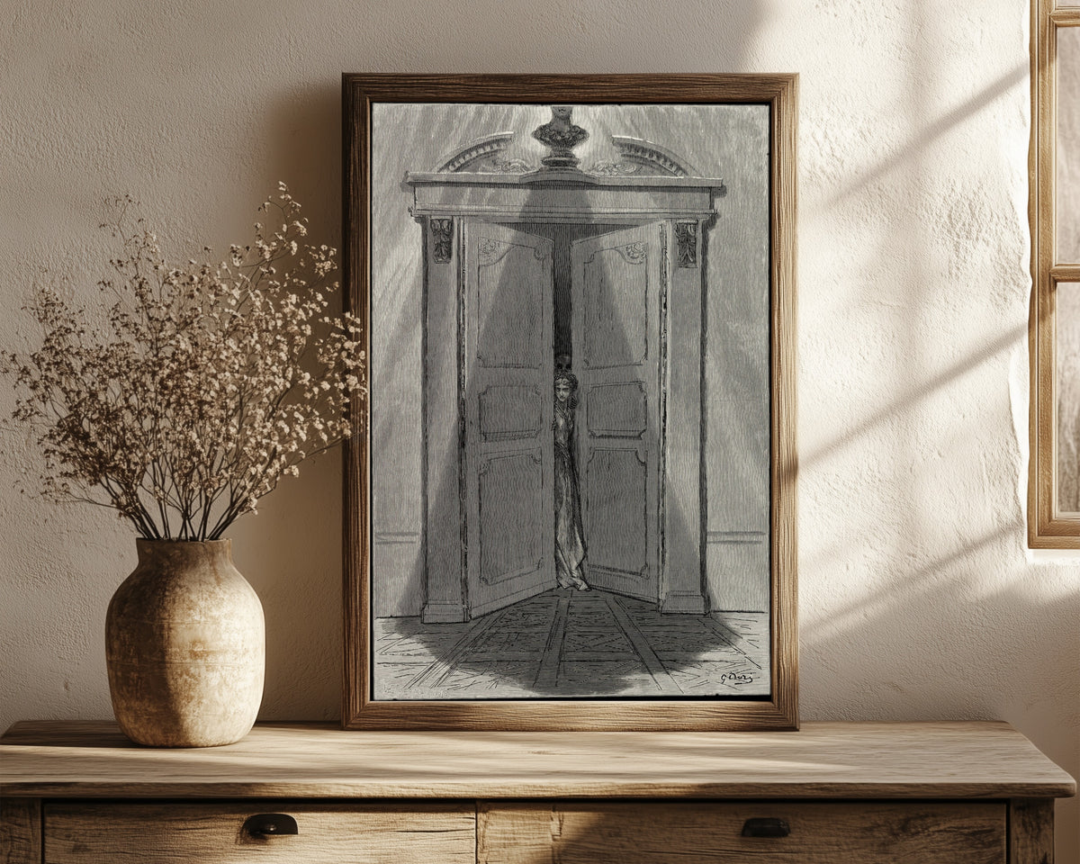 Framed art print of Some late visiter entreating entrance at my chamber… by Gustave Doré, in a dark wood frame leaning on a rustic console beside dried flowers