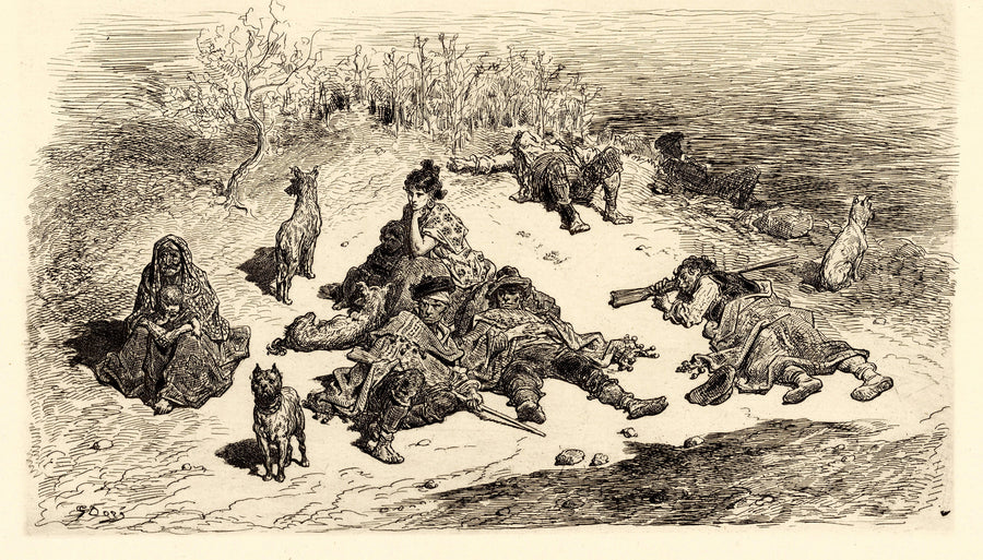 Gustave Doré — Spanish Smugglers (Contrebandiers espagnols) | Etching Print shown to scale on a wall above a sofa