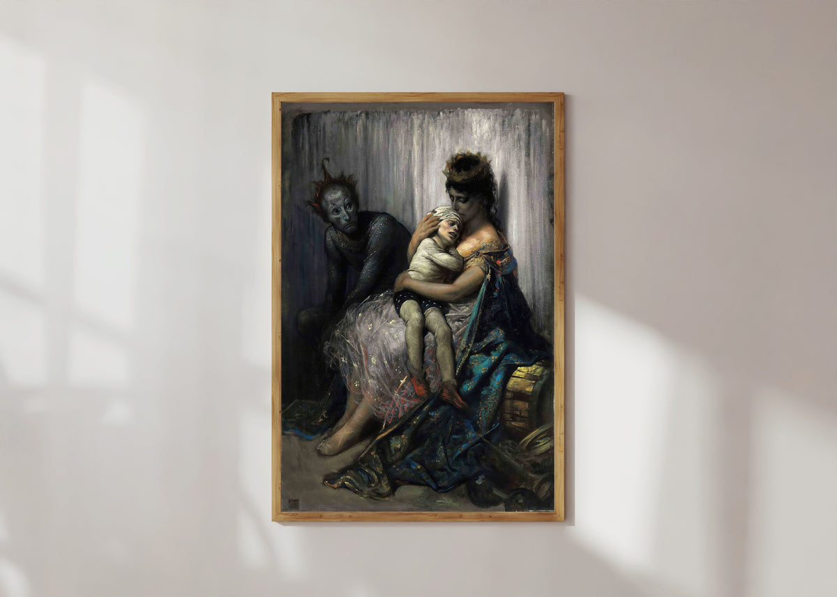 Framed art print of The Acrobat’s Family: The Injured Child by Gustave Doré, in a light wood frame on a sunlit white wall