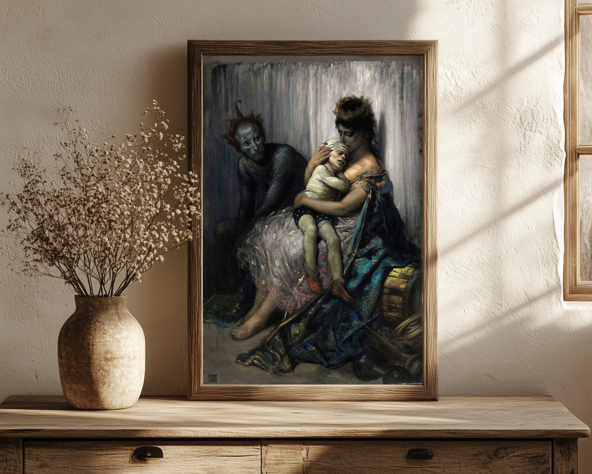 Framed art print of The Acrobat’s Family: The Injured Child by Gustave Doré, in a dark wood frame leaning on a rustic console beside dried flowers