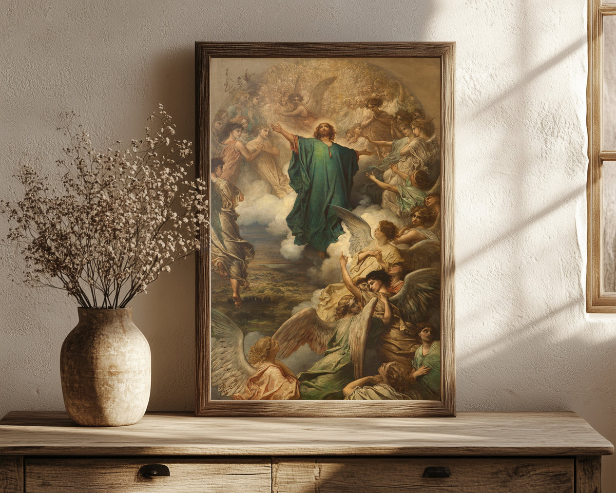 Framed art print of The Ascension by Gustave Doré, in a dark wood frame leaning on a rustic console beside dried flowers