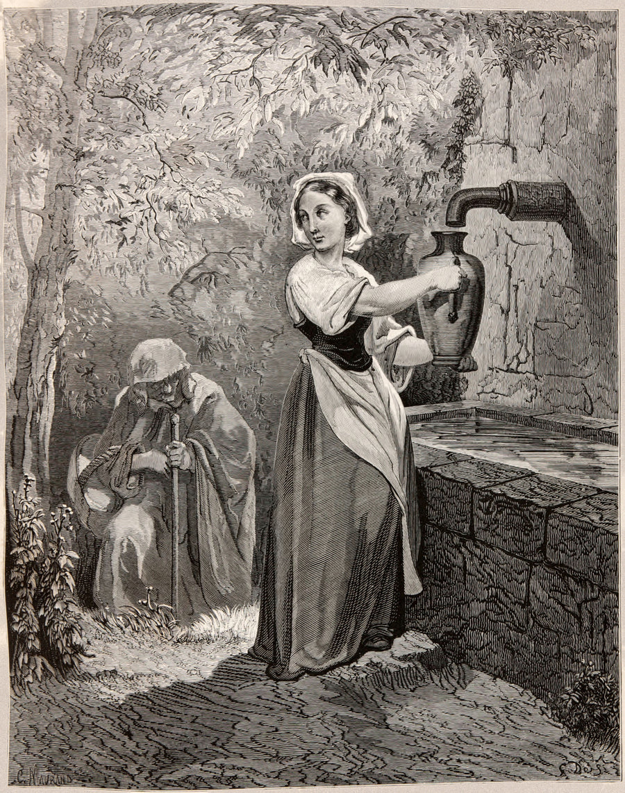 Gustave Doré — The Fairies: The Girl at the Fountain | Fairy Tale Illustration Print shown to scale on a wall above a sofa