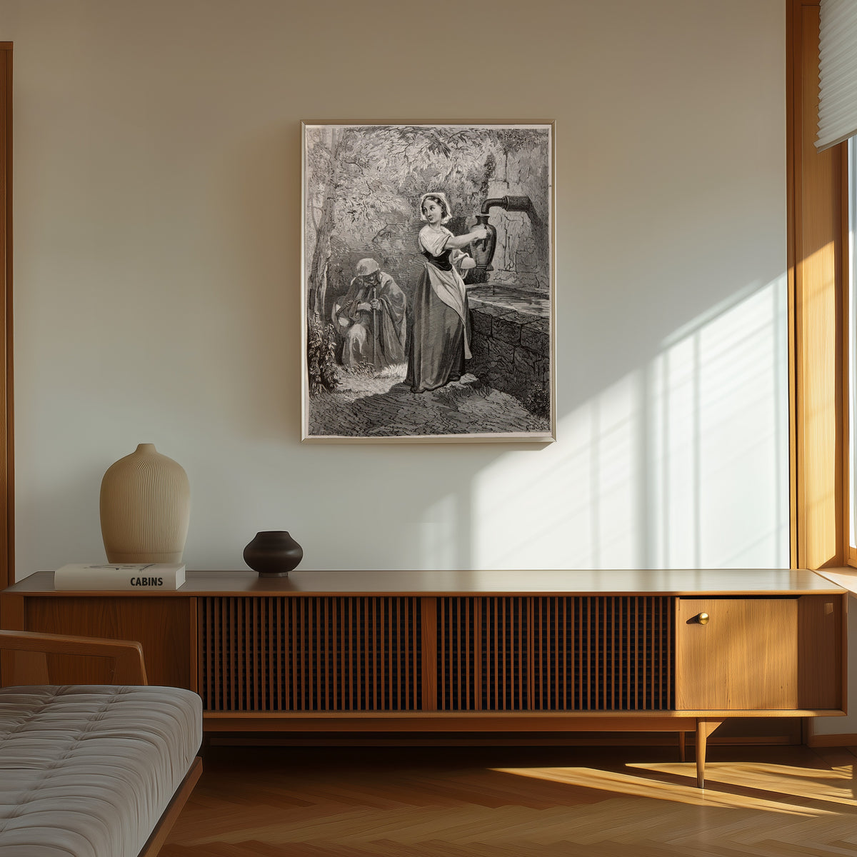 Framed art print of The Fairies: The Girl at the Fountain by Gustave Doré, in a thin light frame on a sunlit wall above a wooden sideboard