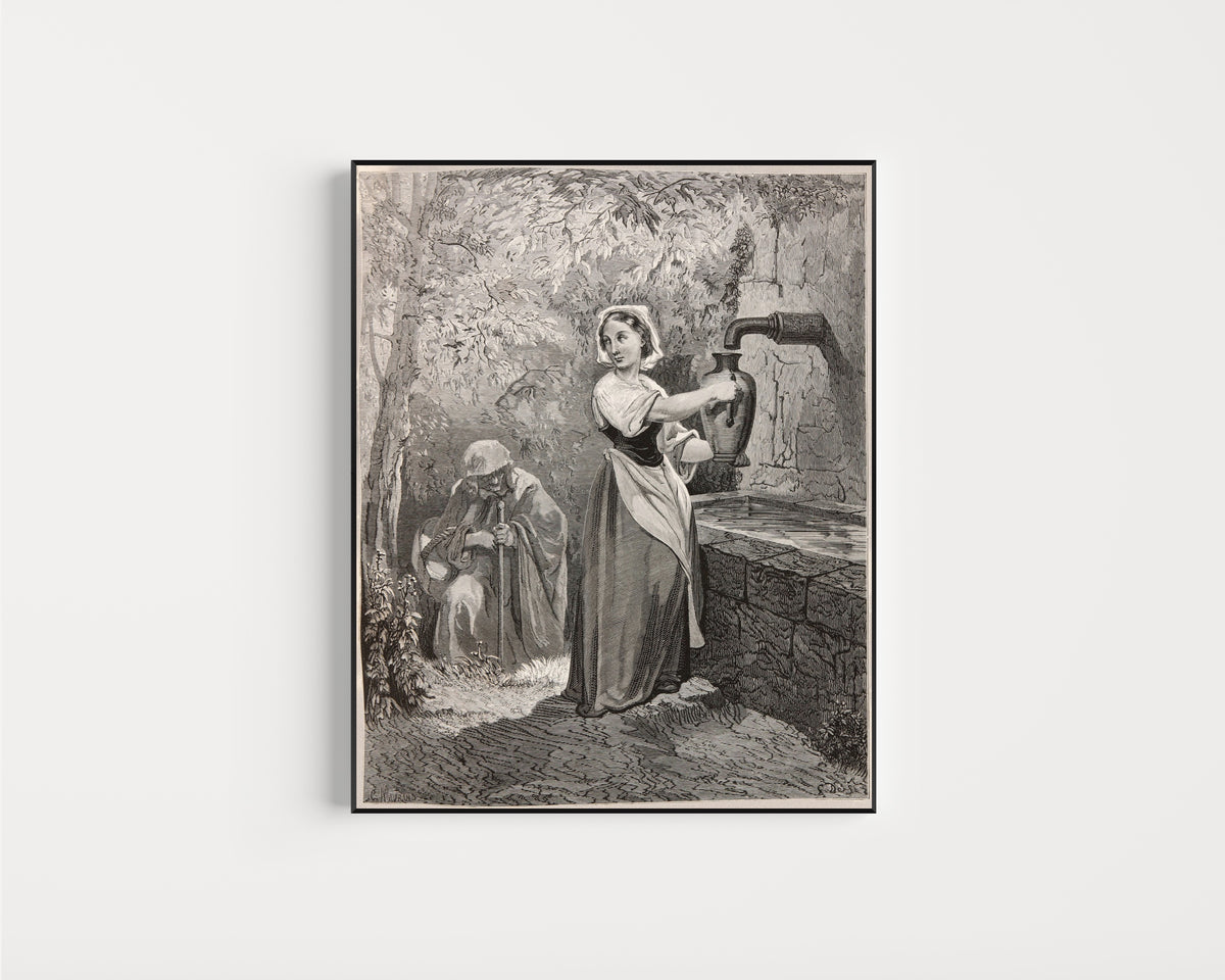 Framed art print of The Fairies: The Girl at the Fountain by Gustave Doré, in a slim black frame on a plain white wall
