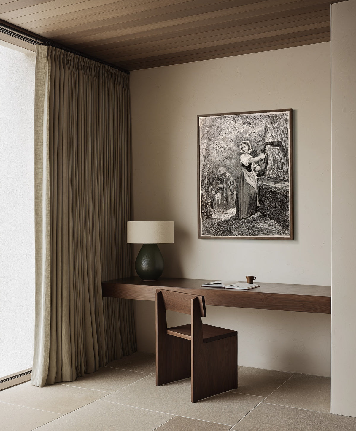 Framed art print of The Fairies: The Girl at the Fountain by Gustave Doré, in a dark wood frame on a plaster wall above a walnut desk