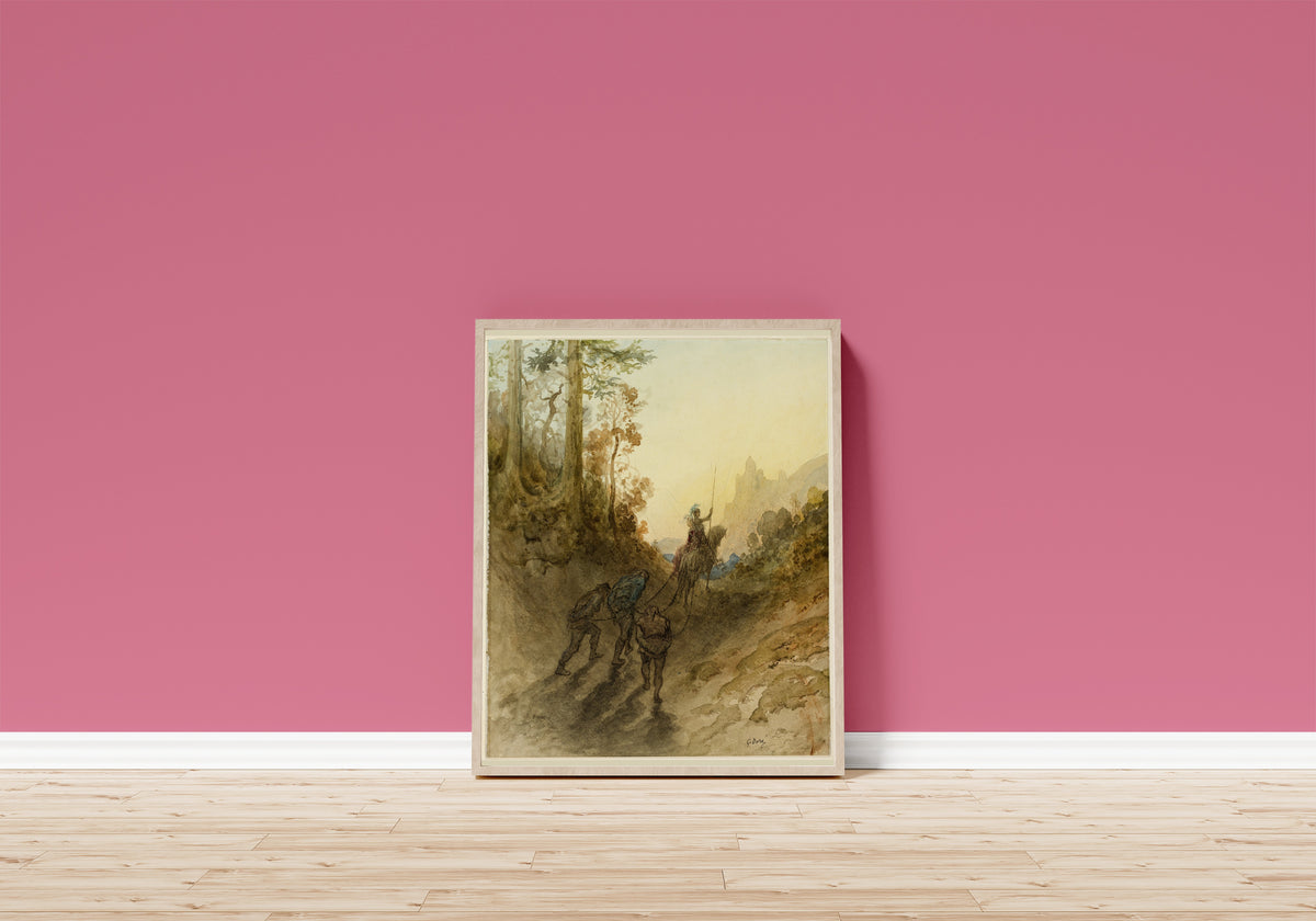 Framed art print of The Giants are Captured by Gustave Doré, in a light wood frame leaning on a pink wall above a wooden floor