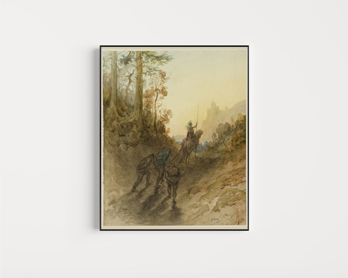 Framed art print of The Giants are Captured by Gustave Doré, in a slim black frame on a plain white wall