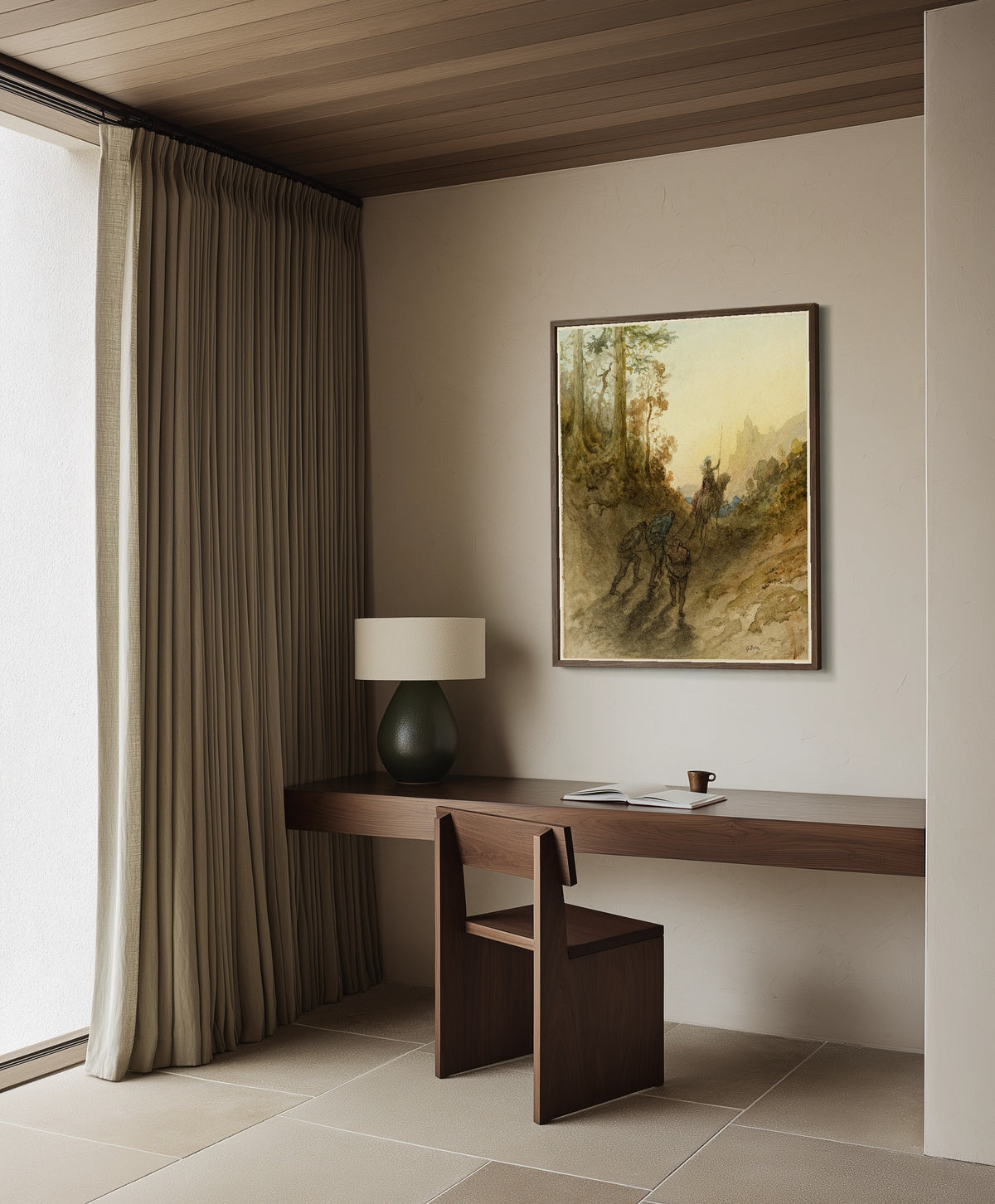 Framed art print of The Giants are Captured by Gustave Doré, in a dark wood frame on a plaster wall above a walnut desk